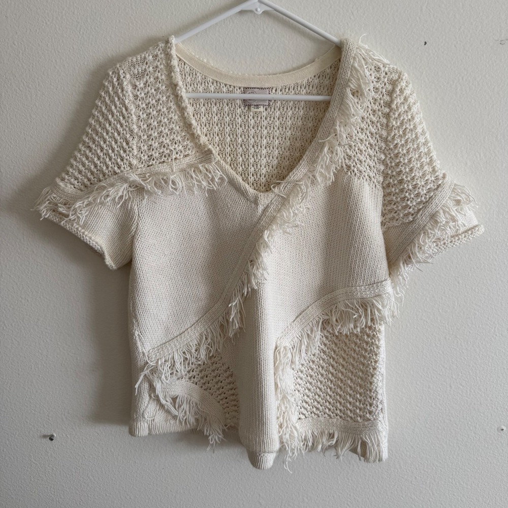 Anthropologie Postmark Cream Mixed Knit Fringe V-Neck Cotton Silk Sweater Medium